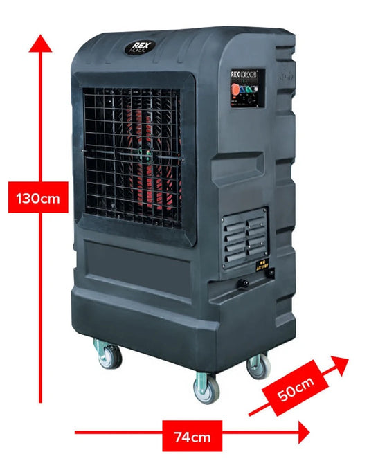 REX14000 Air Cooler Cooling capacity: 120 m² Water Reservoir: 60 l Power Consump. (max): 510 W (±10%)