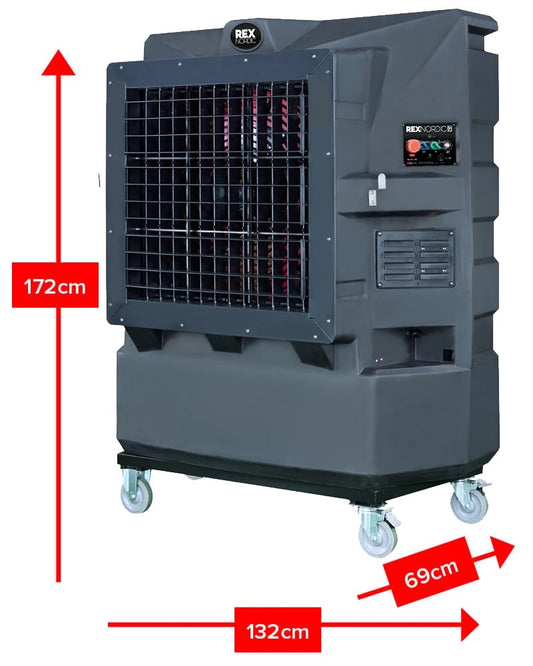 REX25000 Air Cooler Cooling capacity: 250 m² Water Reservoir: 170 l Power Consump. (Max): 850 W (±10%)